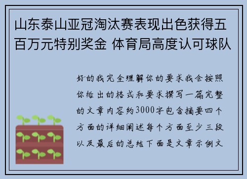 山东泰山亚冠淘汰赛表现出色获得五百万元特别奖金 体育局高度认可球队努力